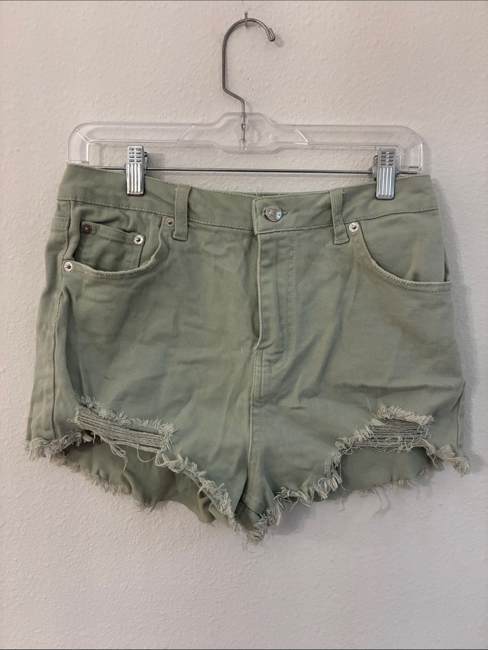 Love Tree Distressed High-Rise Jean Shorts in Sage Green